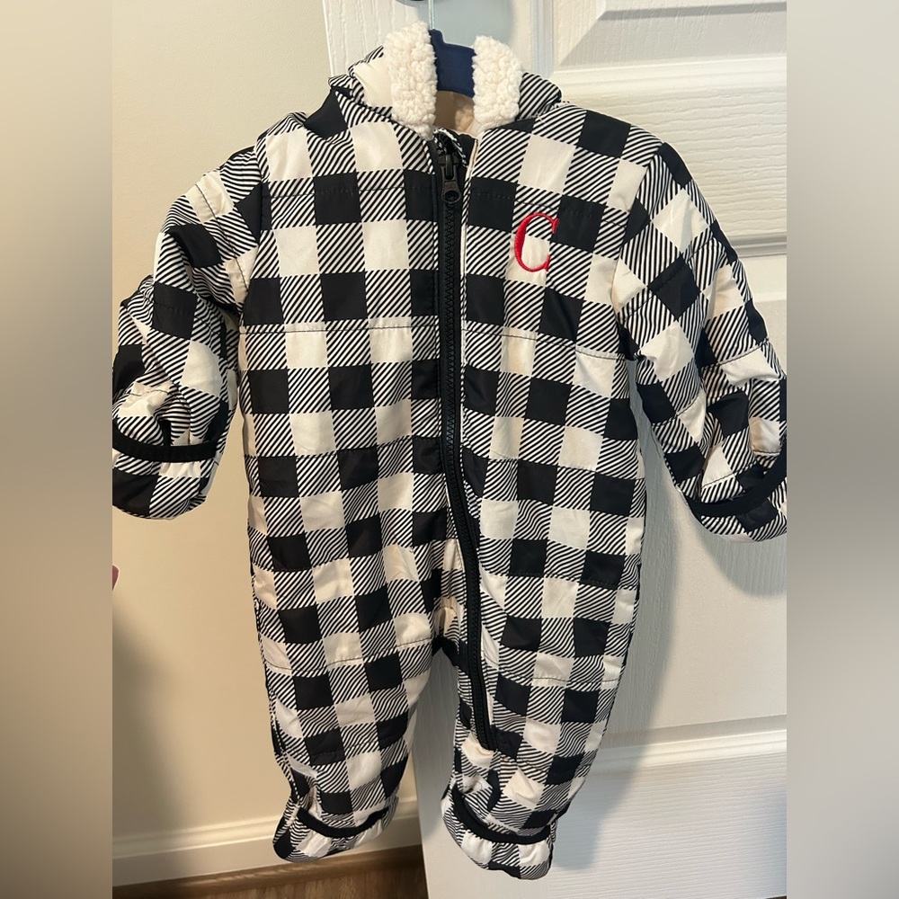 Buffalo Plaid Infant Snowsuit size 3/6 months with embroidered “C”
